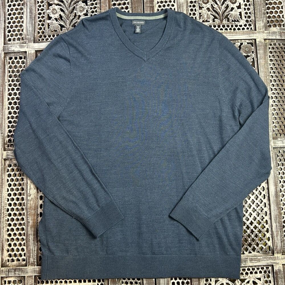 Van Heusen Lightweight Sweater  Men's 2XLT  Blue V Neck Long Sleeve Casual